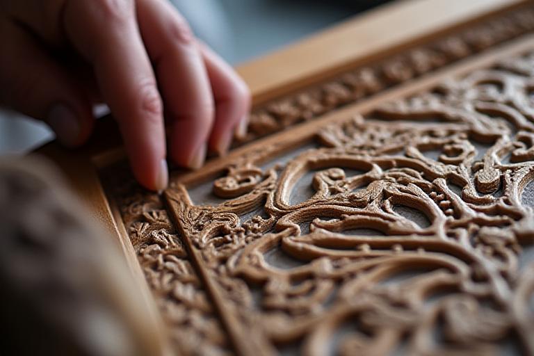 Tallado decorativo en madera con detalles arquitectónicos